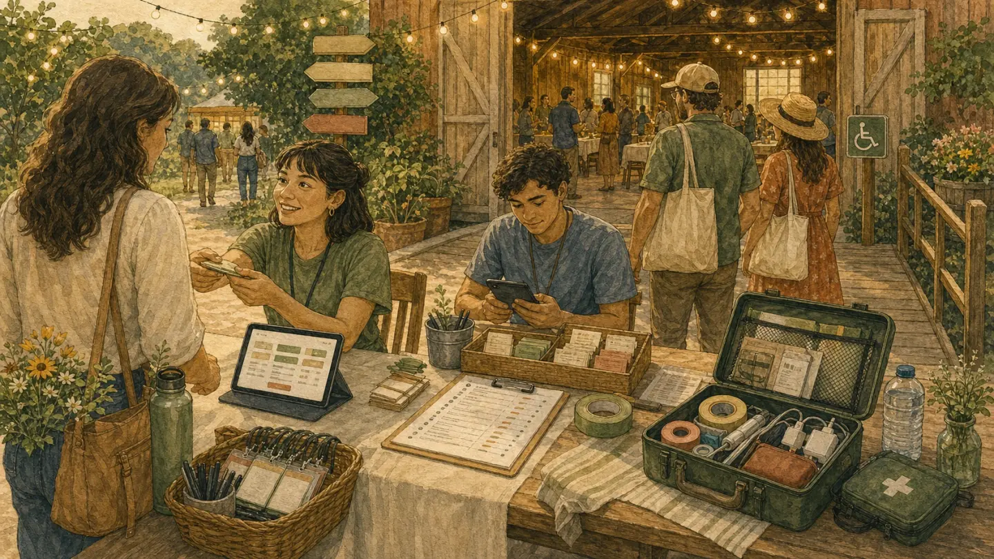 Illustration of a calm event check-in table with volunteers, name tags, backup list, and a packed gear kit.