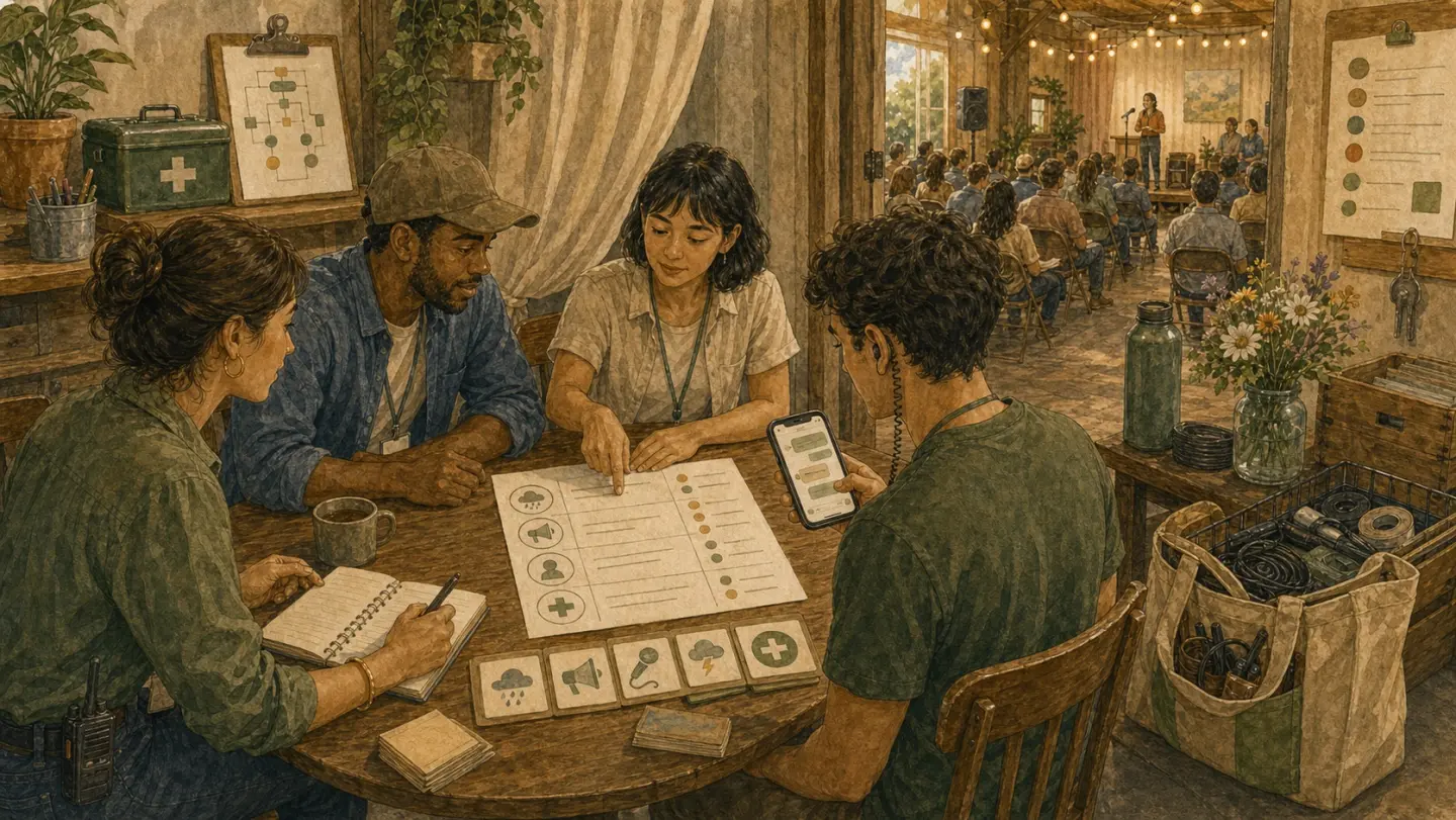 Illustration of an event team reviewing an incident playbook while the event continues calmly nearby.