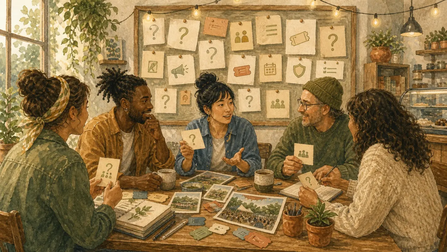 Illustration of independent event organizers sharing question cards, tickets, and notes around a community table.