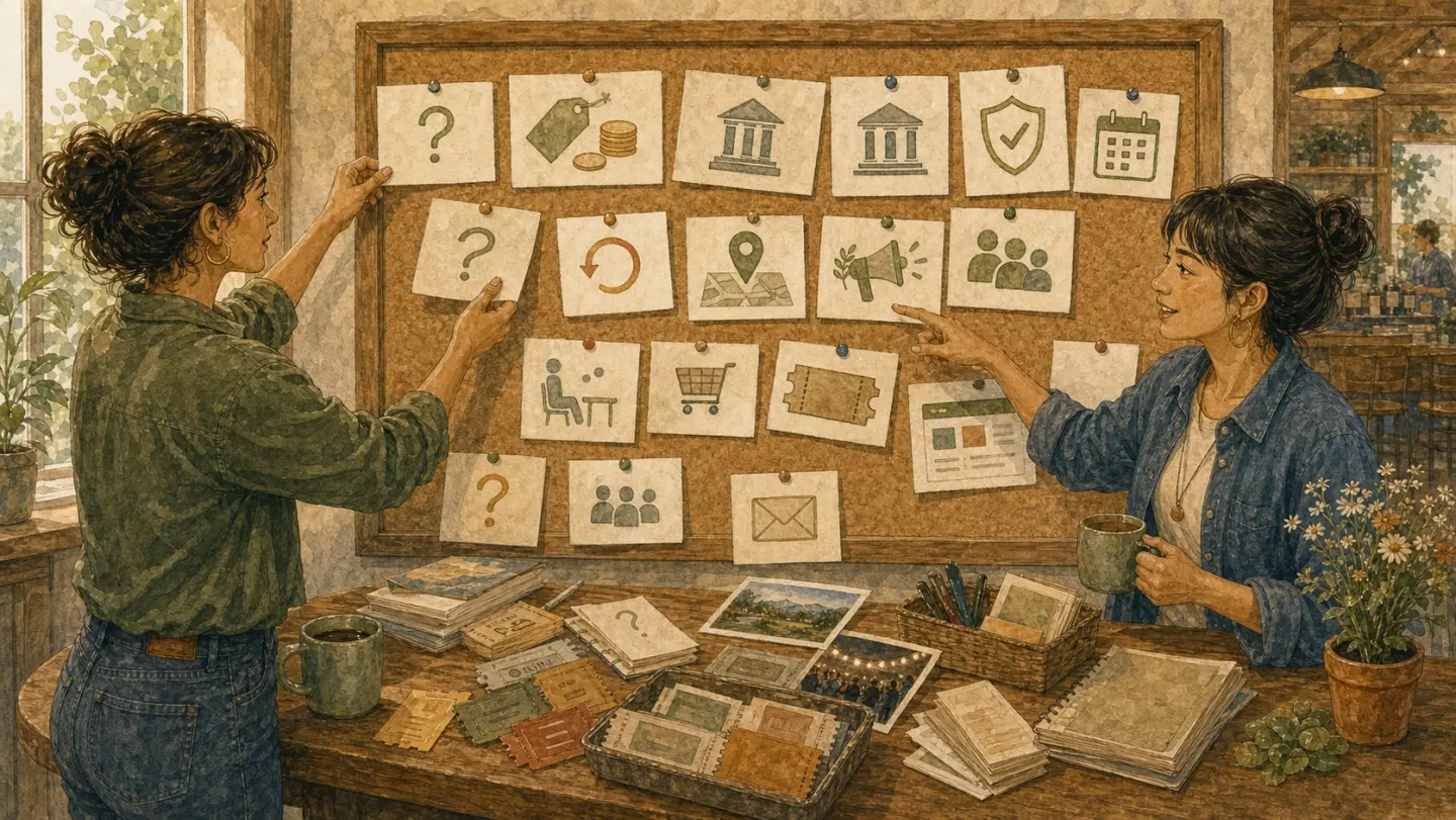 Illustration of a community question wall with event planning icons for pricing, permits, refunds, promotion, and tools.
