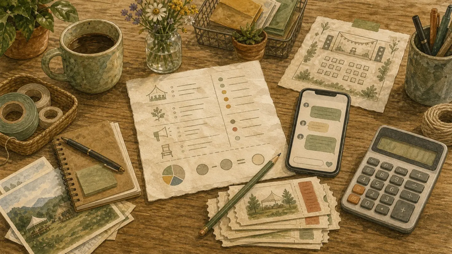 Illustration of a simple event budget, calculator, validation messages, and early-bird tickets on a wooden table.