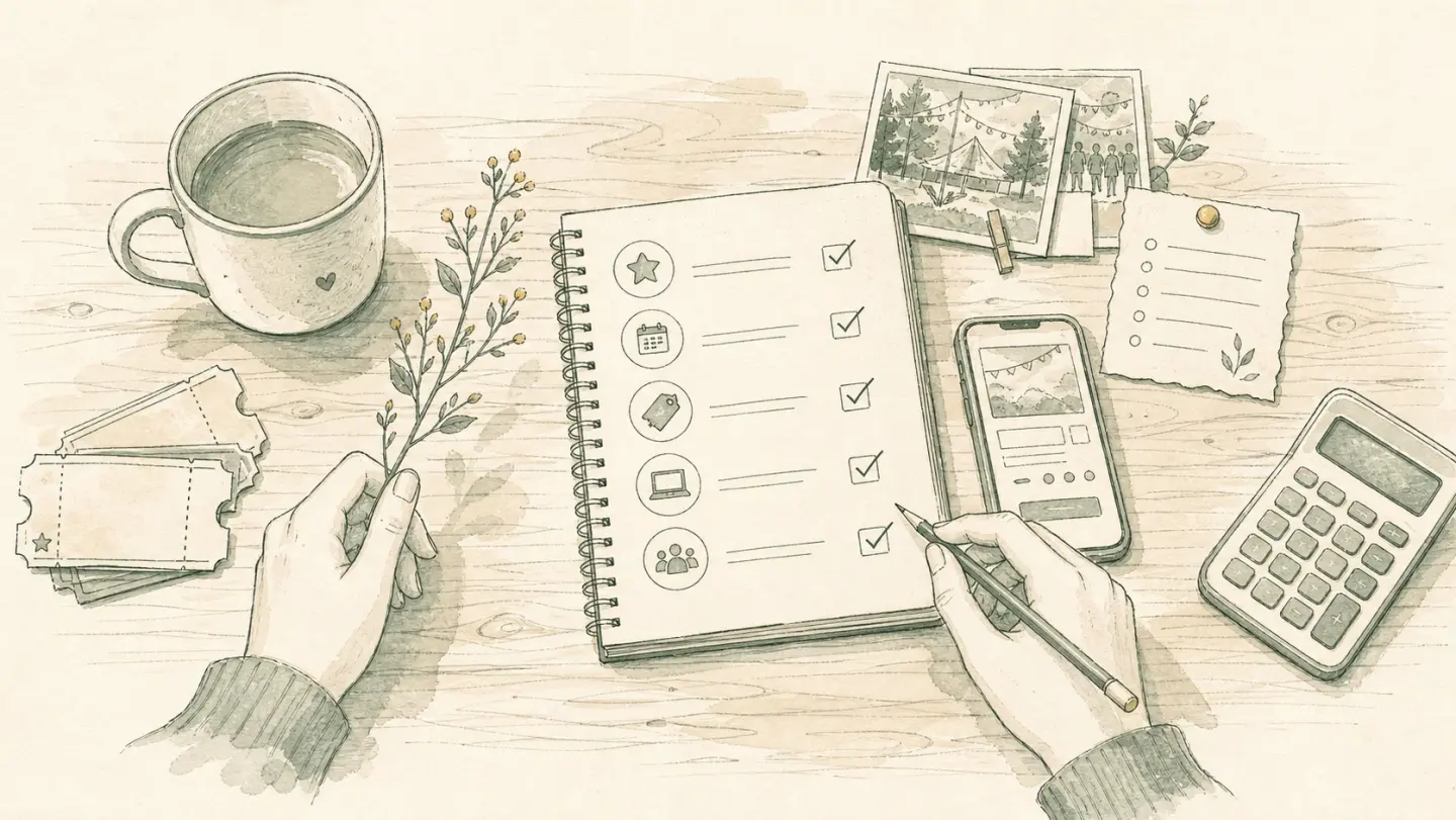Illustration of a tabletop event launch checklist with tickets, phone checkout, calculator, and notes.