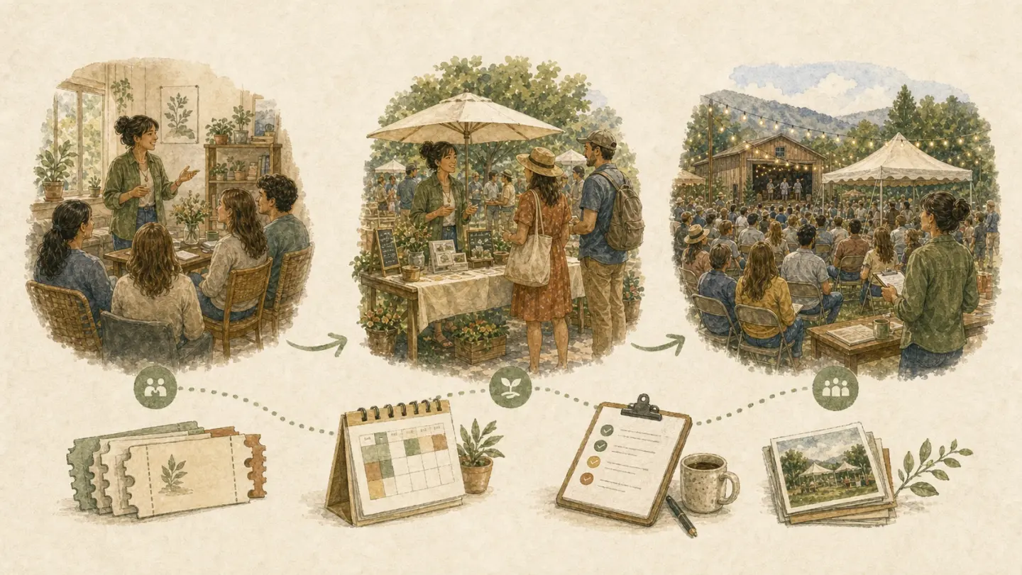 Illustration of a small workshop growing into a pop-up and then a larger outdoor community event.
