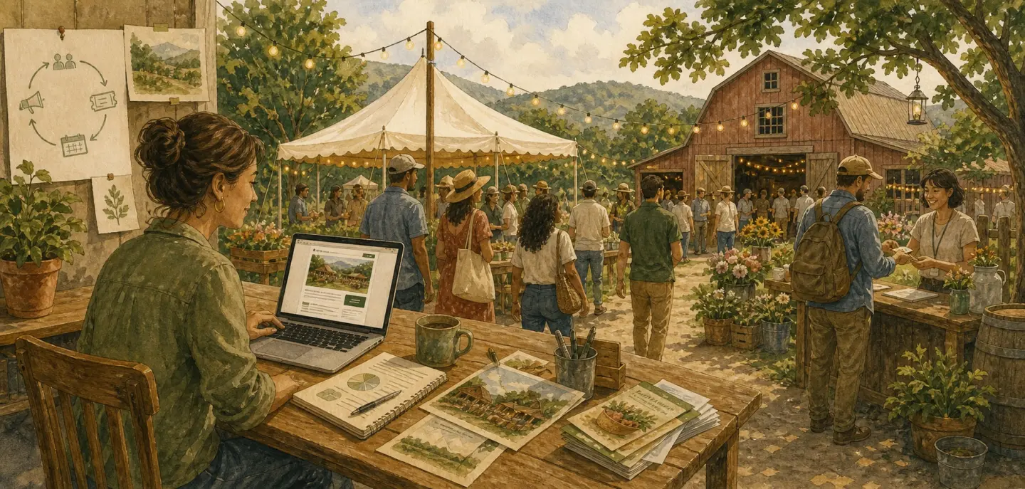 Illustration of an event organizer planning online while guests gather at a local market event.