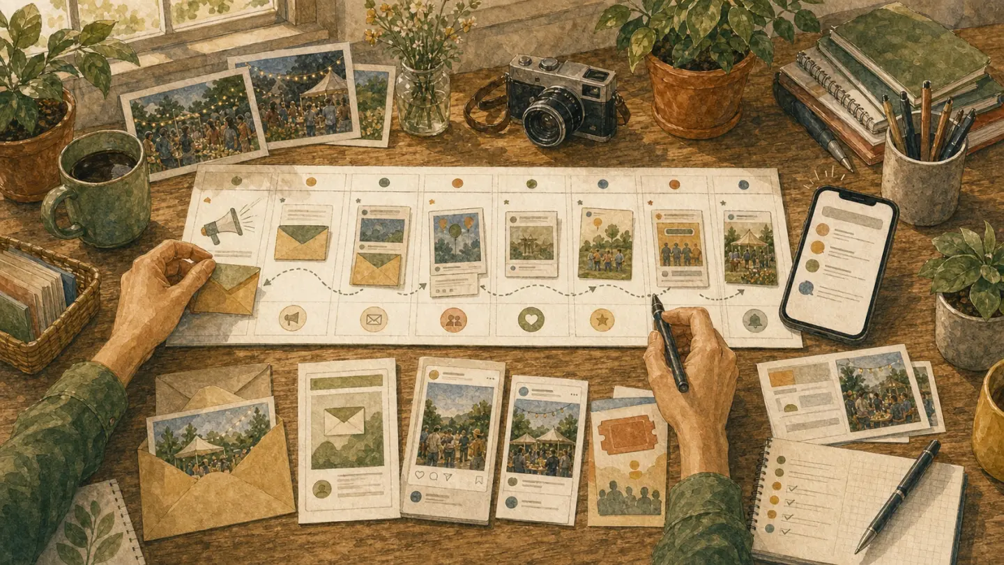 Illustration of a launch sprint calendar with email cards, social posts, event photos, and a phone reminder.