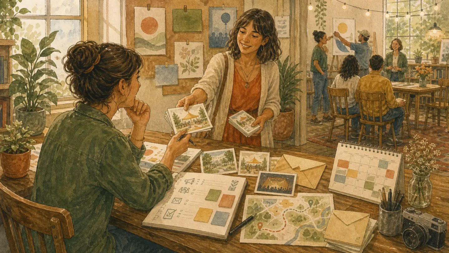 Illustration of two organizers preparing local event promotion materials, partner cards, and a launch calendar.