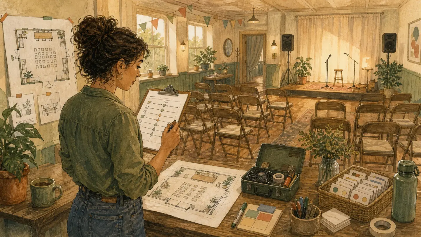 Illustration of an organizer checking a run-of-show clipboard in a prepared community event room.