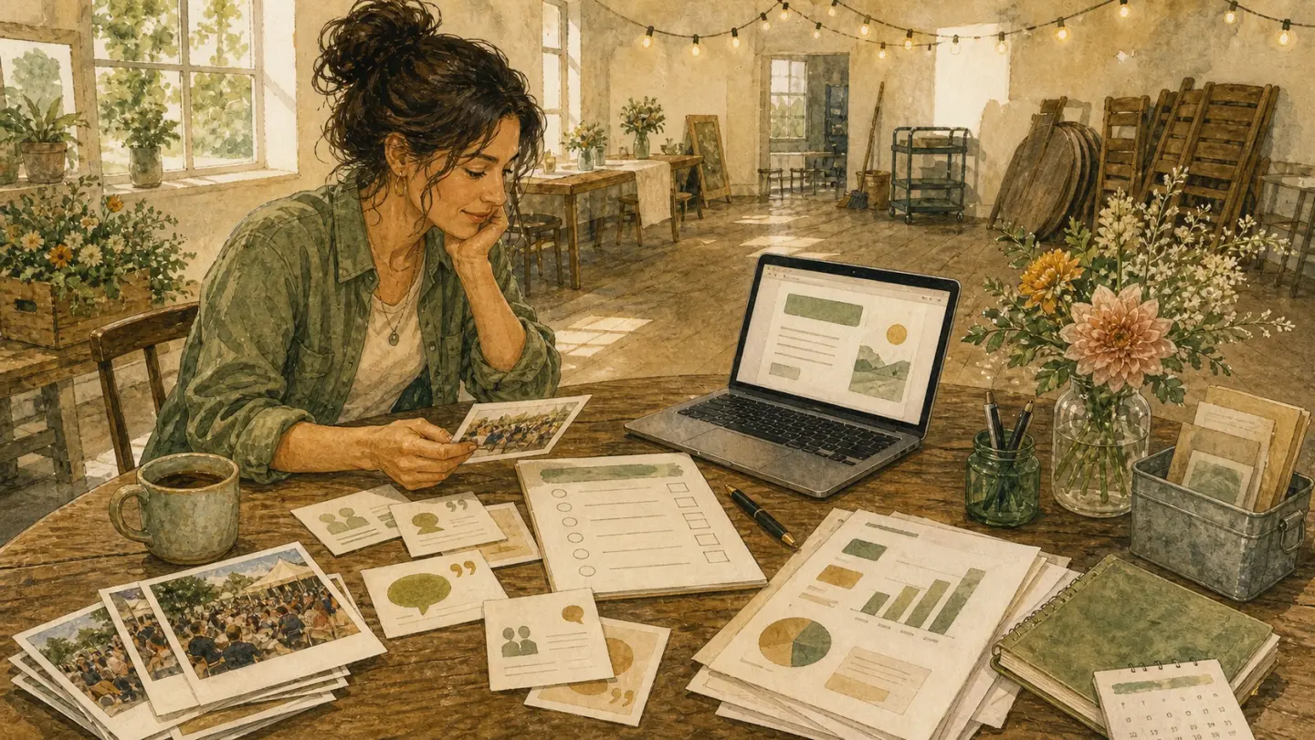 Illustration of an organizer sorting event photos, feedback cards, survey notes, and ROI charts after an event.