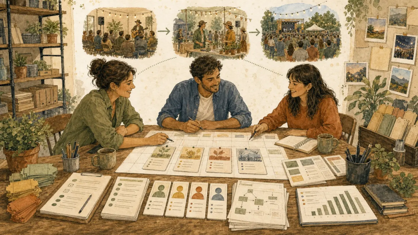 Illustration of a small team planning a repeatable event series with calendars, role cards, sponsor sheets, and simple forecasts.