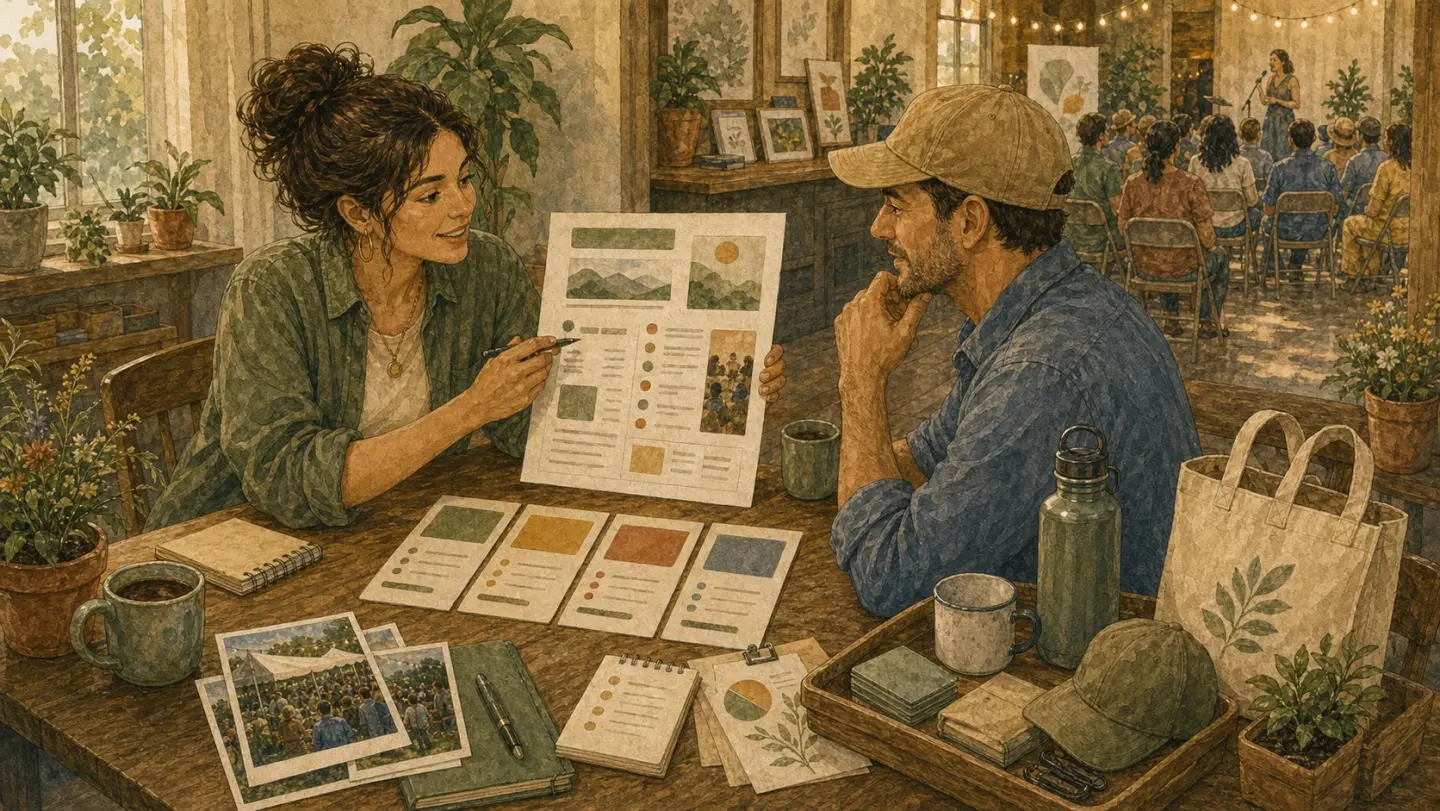 Illustration of an organizer discussing a sponsor one-pager, tier cards, and event photos with a local partner.