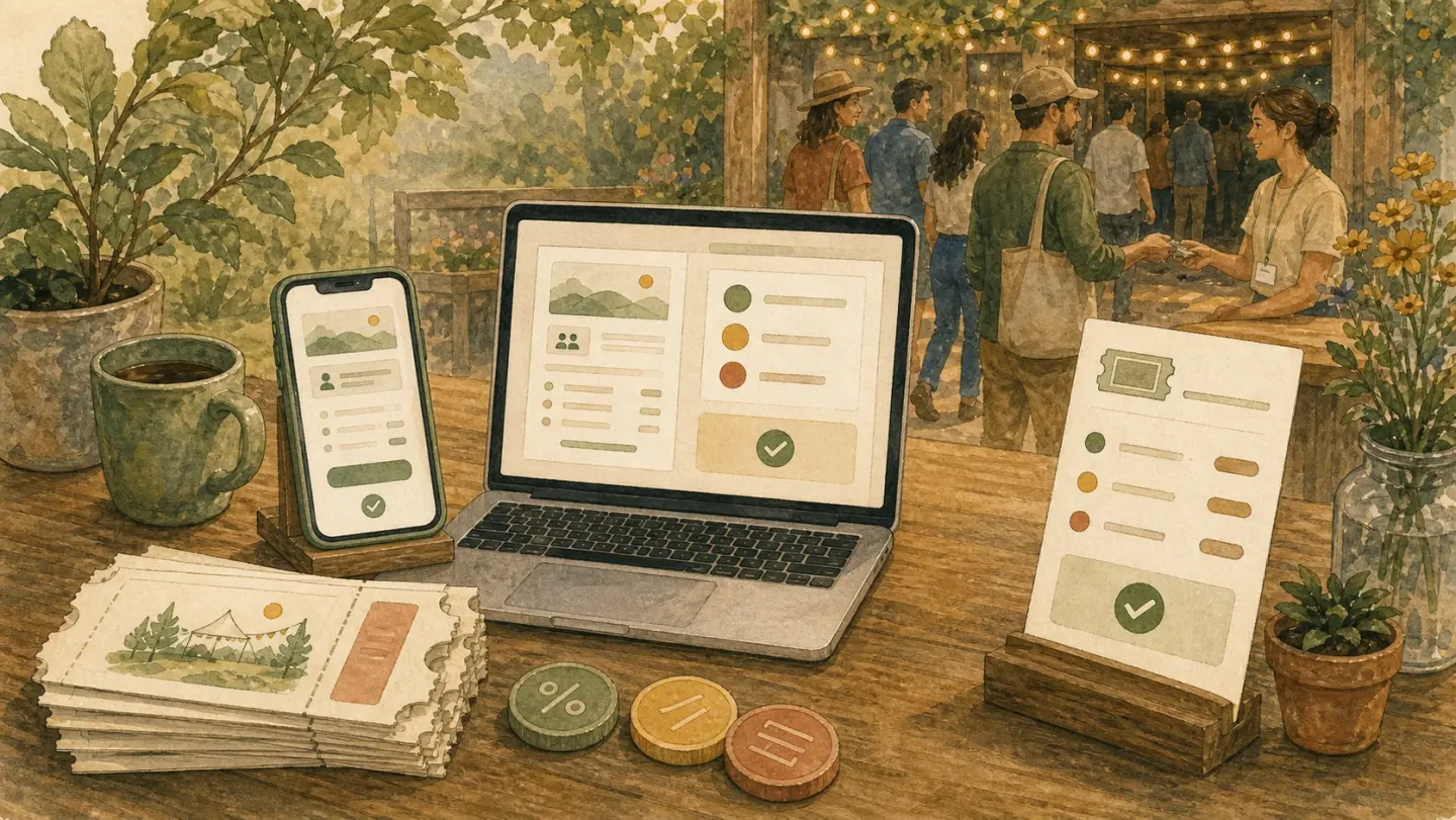 Illustration of a simple event checkout on phone and laptop with tickets and attendees checking in behind it.