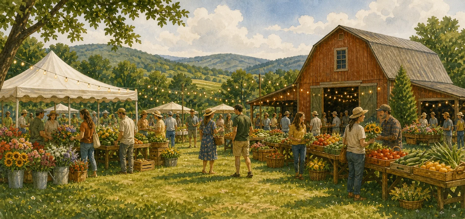 Illustrated local market event with a barn, tents, produce tables, and guests.