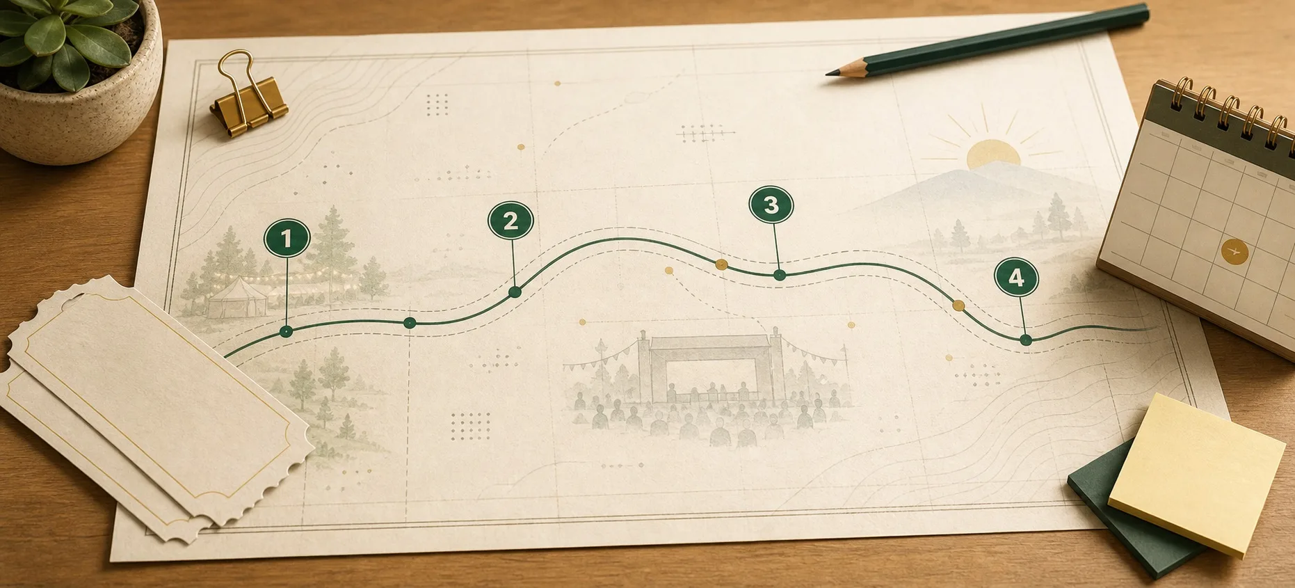 Overhead illustration of a warm paper roadmap with four numbered milestones for an event ticketing masterplan.