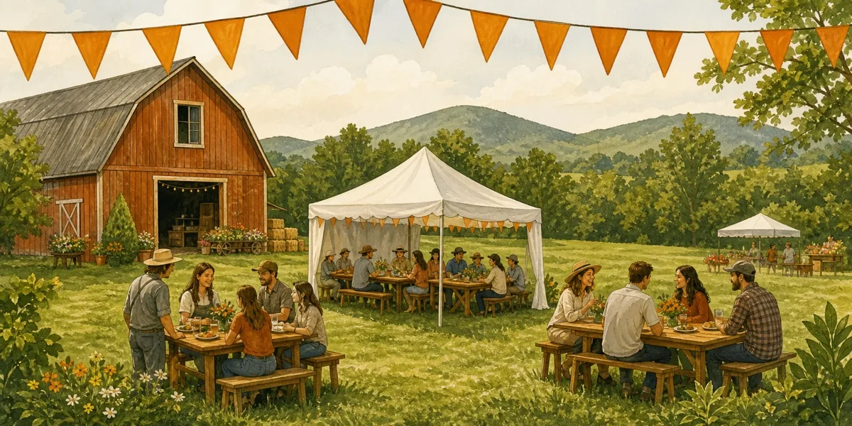 Illustrated farm event with a barn, tent, picnic tables, and bunting.