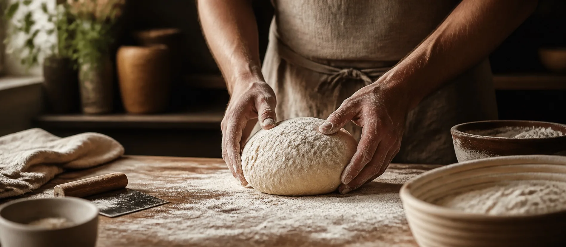 Hands shaping sourdough dough on a floured workbench